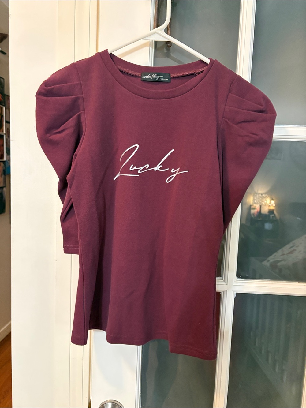 Lucky Script Puff-Sleeve Top - Burgundy